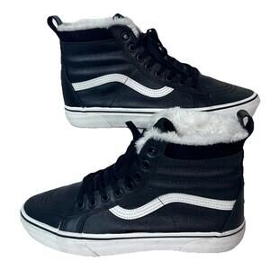 Vans Unisex Old Skool Sneaker Shoes Size M8.5/W10 Black Leather Faux Fur Lined